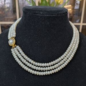 Elegant Triple Strand Mullosk Pearl Necklace with Gold Clasp